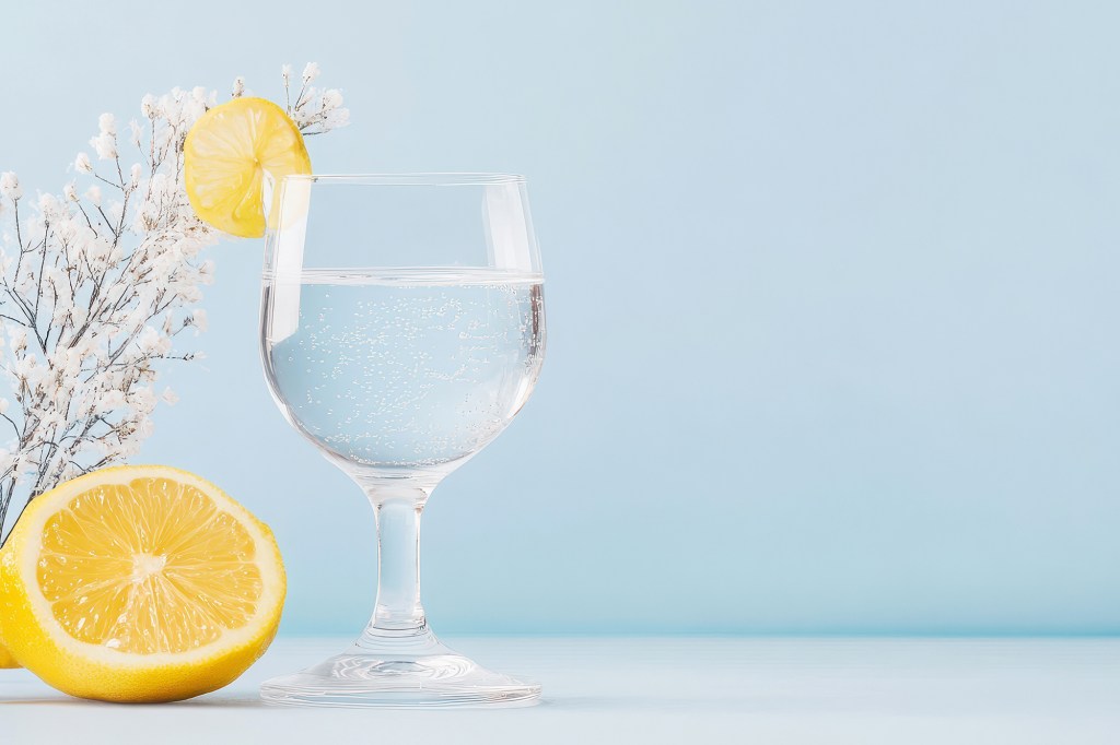 There are many benefits to replacing water with booze in January - and beyond. A glass of water, a sliced ​​lemon and a flower decoration are shown here.